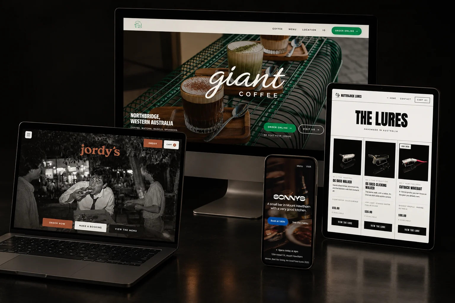 Websites built by The Service Edit for Giant Coffee, Jordy&rsquo;s, Sonnys and NutterJuck Lures, shown on a desktop, laptop, phone and tablet